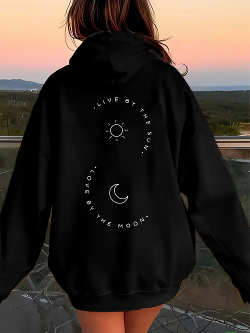 Women's Graphic Hoodie Live By The Sun Radiant Cosmic Energy Stars With Crescent Moon And Sun Hoodie