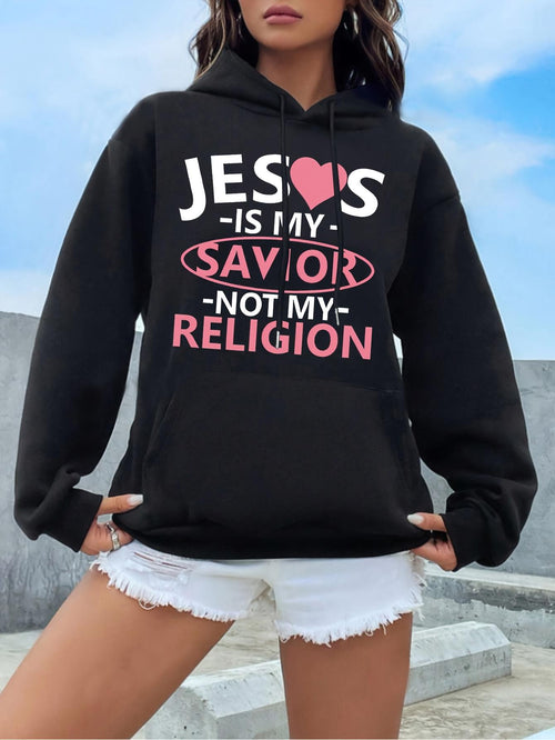 Women's Graphic Hoodie Jesus Is My Savior Not My Religion Lettering With Pink Heart Illustration Hoodie