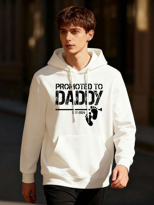 Men's Graphic Hoodie Promoted To Daddy With Adorable Baby Footprint Motif Hoodie
