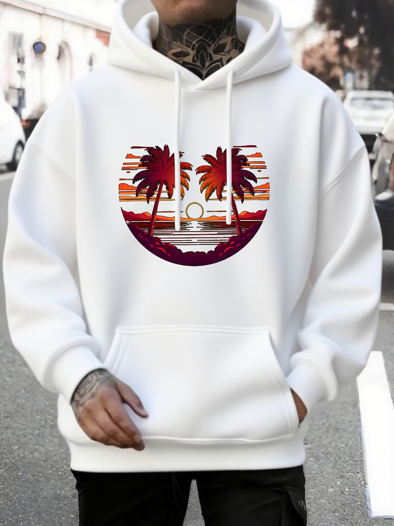 Men's Graphic Hoodie Sunset Reflections With Vibrant Clouds And Palm Trees Beside Ocean Beach