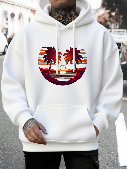 Men's Graphic Hoodie Sunset Reflections With Vibrant Clouds And Palm Trees Beside Ocean Beach
