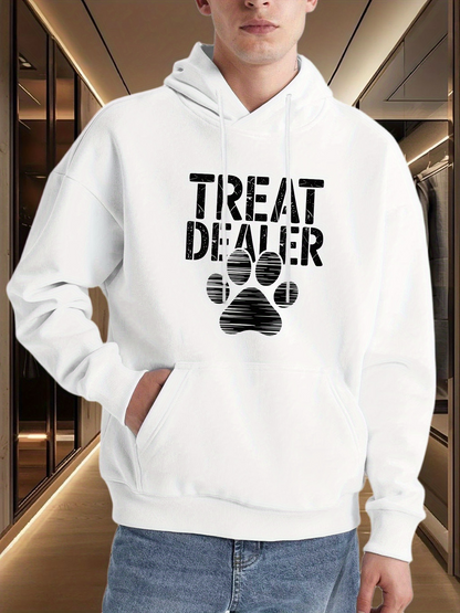 Men's Graphic Hoodie Treat Dealer Bold Stenciled Letters Above Shaded Paw Print Hoodie