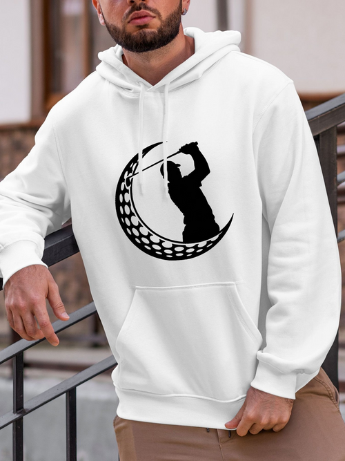 Men's Graphic Hoodie Modern Graphic Crescent With Golfer Swinging Under Black Ornamented Moon Golfer