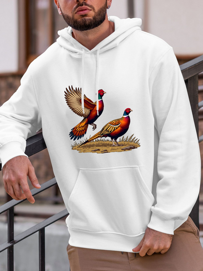 Men's Graphic Hoodie Rustic Meadow Scene With Two Colorful Pheasants Landing On Wild Grass Birds