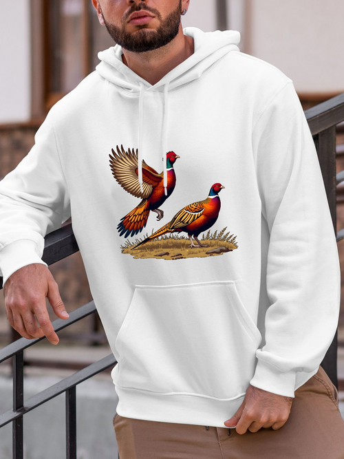 Men's Graphic Hoodie Rustic Meadow Scene With Two Colorful Pheasants Landing On Wild Grass Birds