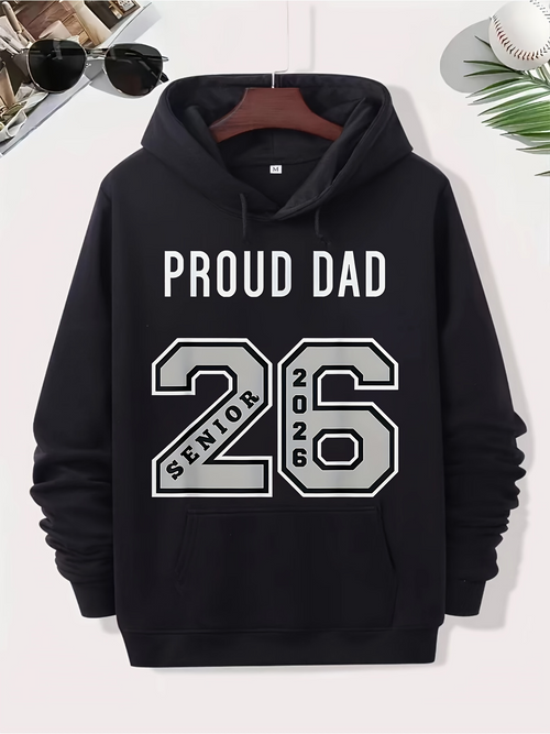 Men's Graphic Hoodie Proud Dad Bold Lettering With Senior 2026 Varsity Number Hooded Sweatshirt