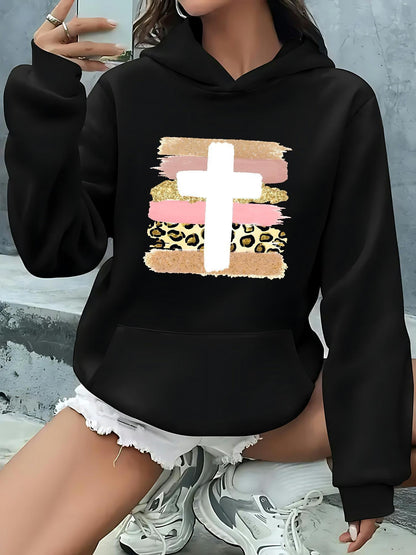 Women's Graphic Hoodie Modern Painted Pattern With Leopard Accents And A Centered Bold Cross