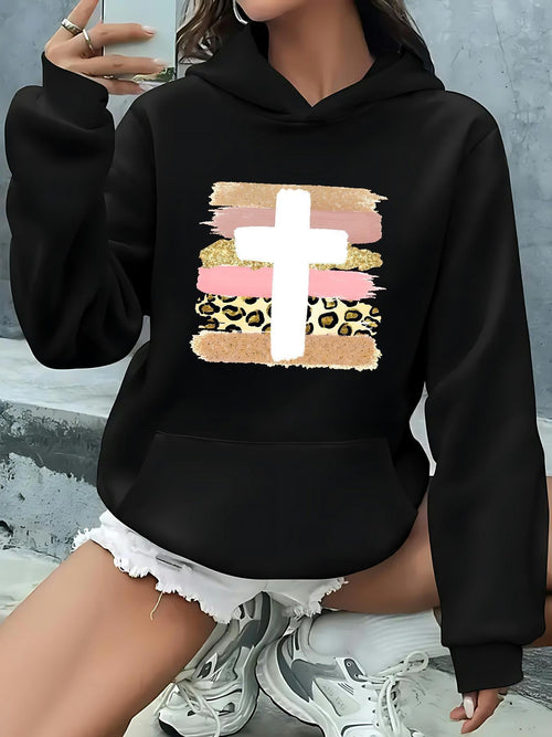 Women's Graphic Hoodie Modern Painted Pattern With Leopard Accents And A Centered Bold Cross