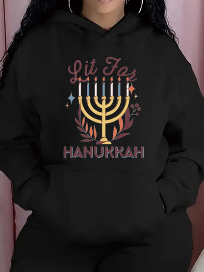 Women's Graphic Hoodie Lit For Hanukkah Colorful Lights With Menorah Candle Flames Flowers
