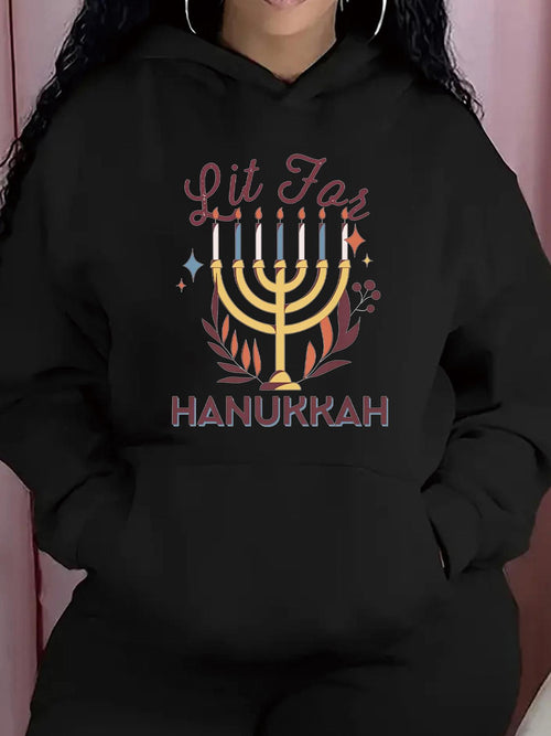 Women's Graphic Hoodie Lit For Hanukkah Colorful Lights With Menorah Candle Flames Flowers