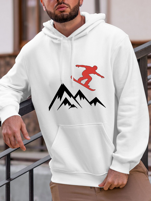 Men's Graphic Hoodie Red Silhouette Snowboarder Jumping Above Black Rugged Mountain Peaks