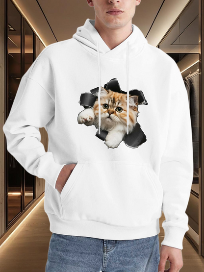 Men's Graphic Hoodie Playful Tabby Cat Peeking Through Torn Paper With Curious Stare Cat