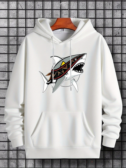 Men's Graphic Hoodie Dynamic Geometric Pattern With Breaking Waves And Angry Shark