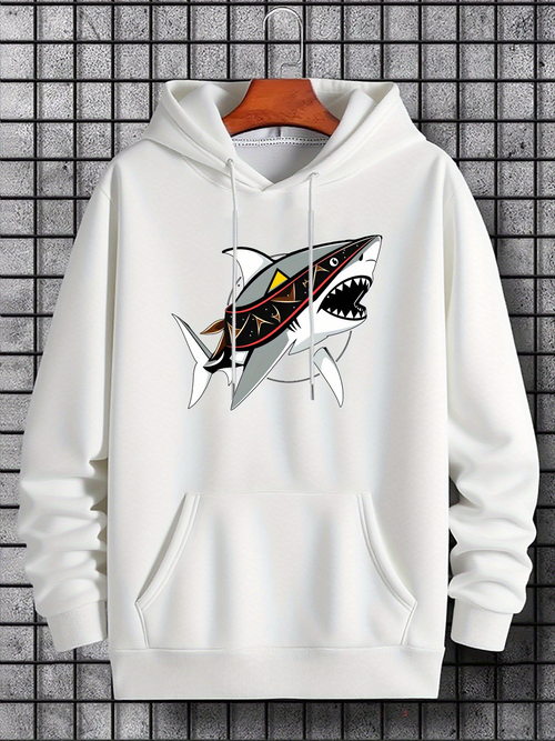 Men's Graphic Hoodie Dynamic Geometric Pattern With Breaking Waves And Angry Shark