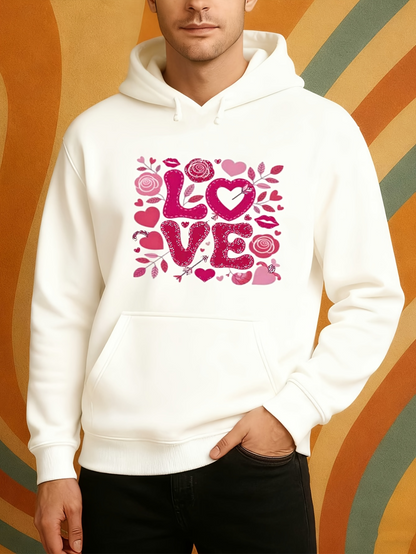 Men's Graphic Hoodie Love With Pink Roses And Hearts Surrounded By Delicate Romantic Elements