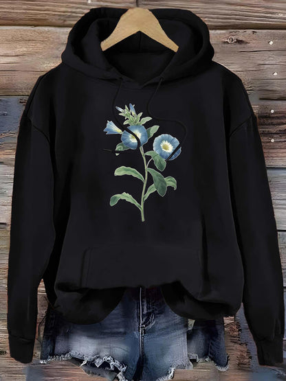 Women's Graphic Hoodie Charming Blue Blossom With Elegant Green Leaves Under Daylight Flower