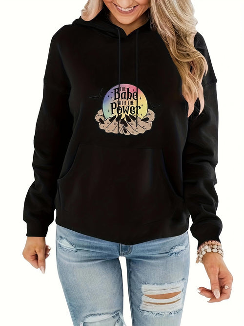 Women's Graphic Hoodie Babe Power Retro Rainbow Sun Rays Surrounded By Raised Fist Hoodie