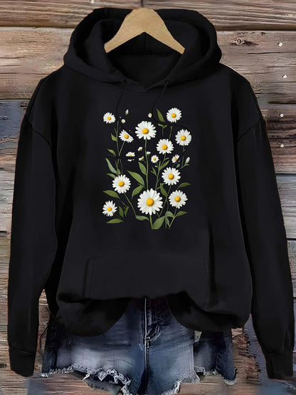 Women's Graphic Hoodie White Daisies In Vibrant Green Leaves On A Lush Black Hoodie Flower
