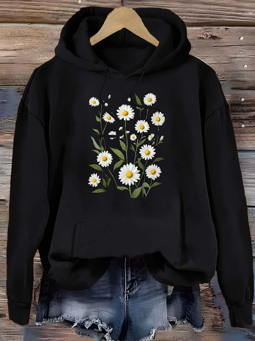 Women's Graphic Hoodie White Daisies In Vibrant Green Leaves On A Lush Black Hoodie Flower