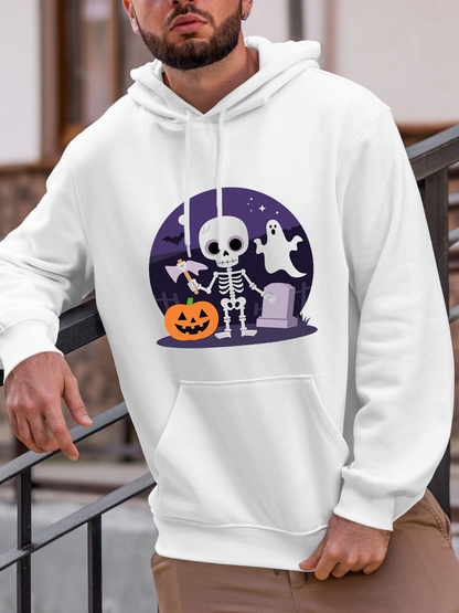 Men's Graphic Hoodie Haunted Halloween Night With Moonlit Pumpkin And Dancing Skeleton
