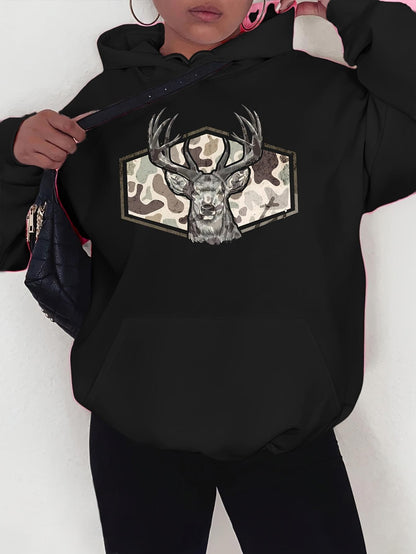 Women's Graphic Hoodie Camo Patterned Shield With Majestic Antlered Deer Face In The Center