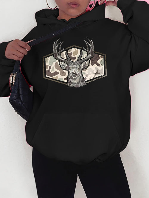 Women's Graphic Hoodie Camo Patterned Shield With Majestic Antlered Deer Face In The Center