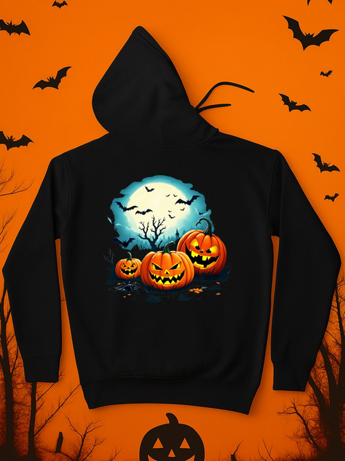 Men's Graphic Hoodie Glowing Full Moon Behind Leafless Trees With Flying Bats And Carved Pumpkins