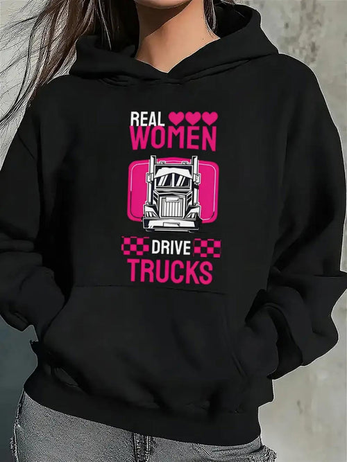 Women's Graphic Hoodie Real Women With Pink Hearts And Roadside Finishes Drive Trucks