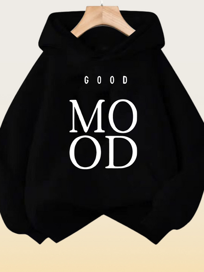 Women's Graphic Hoodie Good Mood Bold Lettering Underlined Typography Sweatshirt