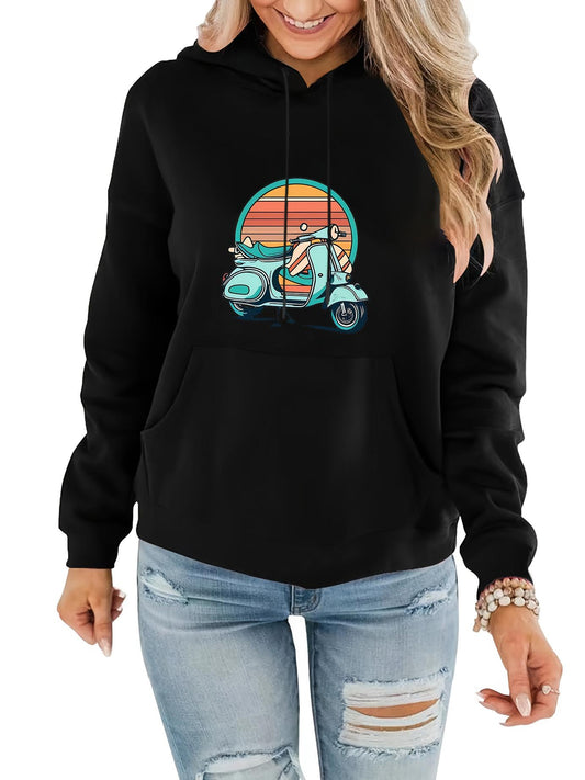 Women's Graphic Hoodie Retro Sunset With Colorful Lines Surrounding A Vintage Scooter