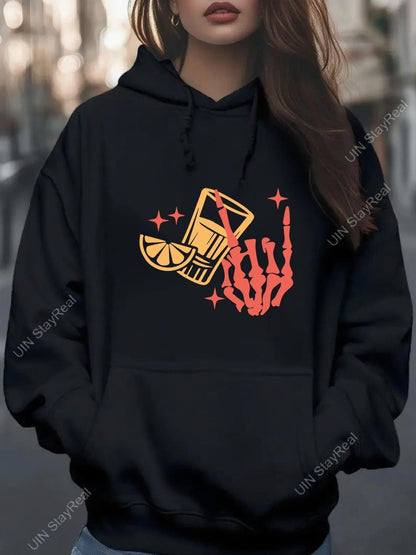 Women's Graphic Hoodie Skeleton Hand With Cocktail Surrounded By Sparkling Bright Citrus Drink