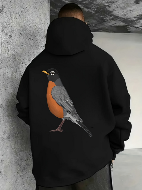 Men's Graphic Hoodie Vivid Illustration Of Robin Bird Perched On The Back Hoodie