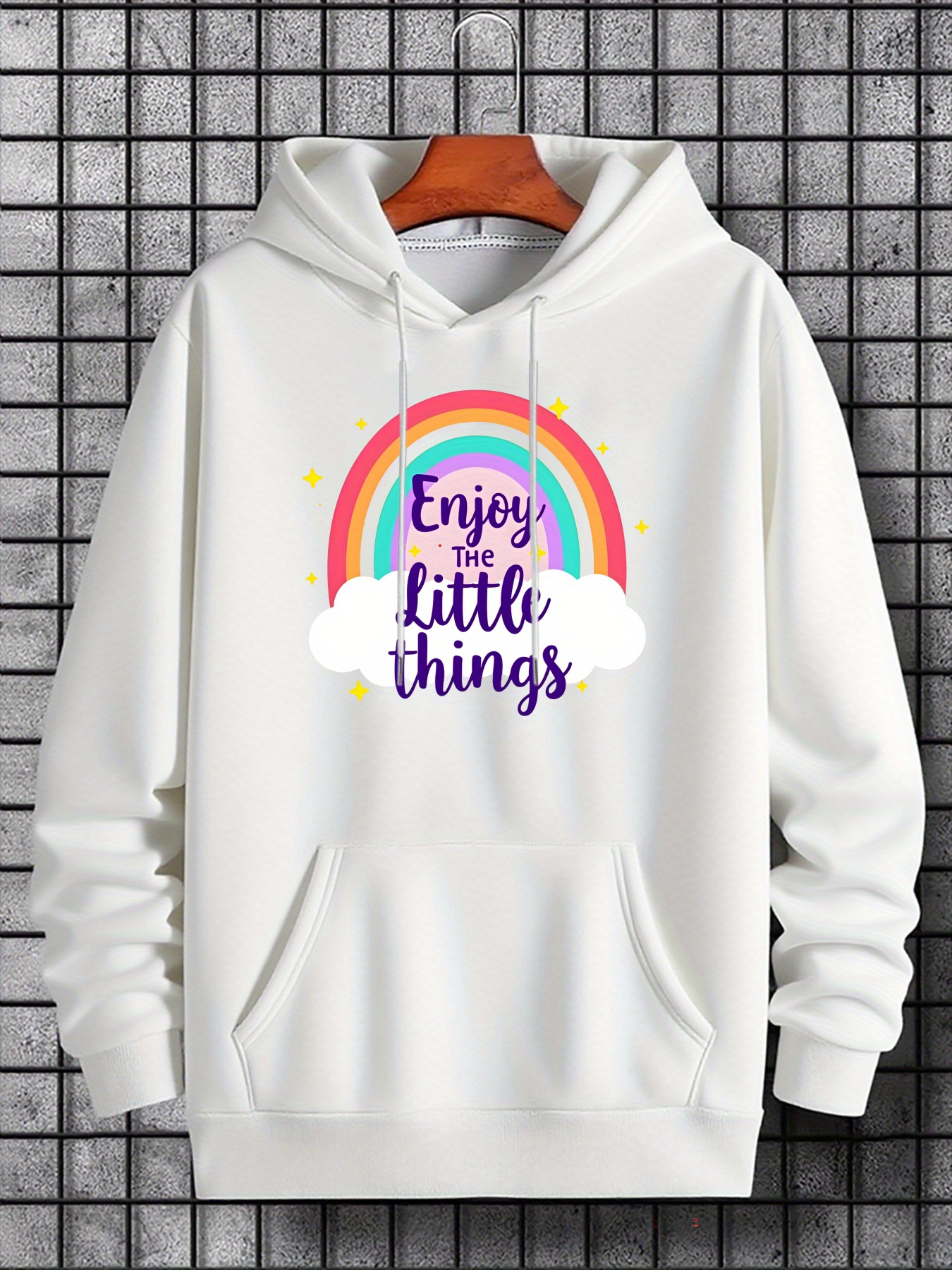Men's Graphic Hoodie Enjoy The Little Things Whimsical Rainbow And Fluffy Clouds Under Colorful Sky Hoodie