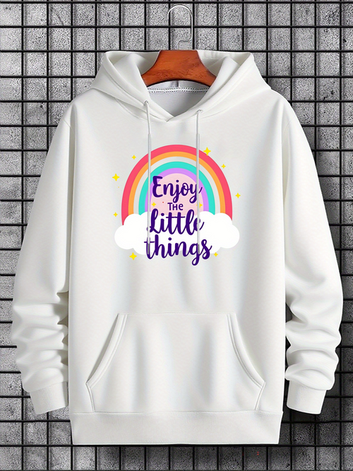 Men's Graphic Hoodie Enjoy The Little Things Whimsical Rainbow And Fluffy Clouds Under Colorful Sky Hoodie