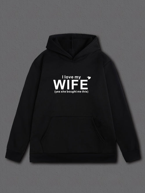 Women's Graphic Hoodie I Love My Wife Simple White Lettering On Black Hoodie Wife