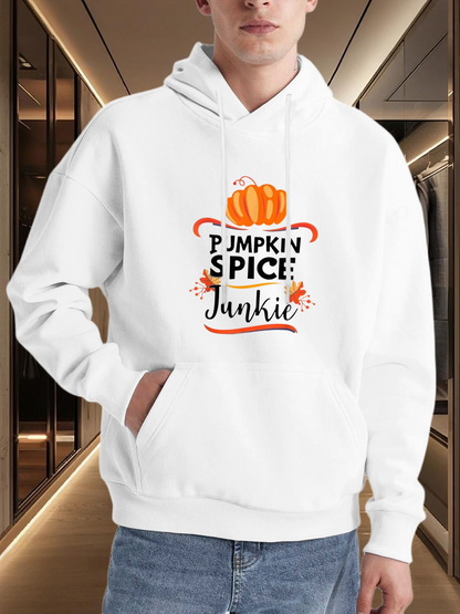 Men's Graphic Hoodie Pumpkin Spice Junkie Autumn Leaf Accents And Vibrant Orange Pumpkin