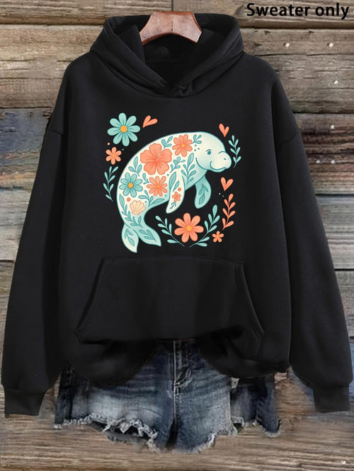 Women's Graphic Hoodie Colorful Floral Patterns Surrounding Peaceful Manatee