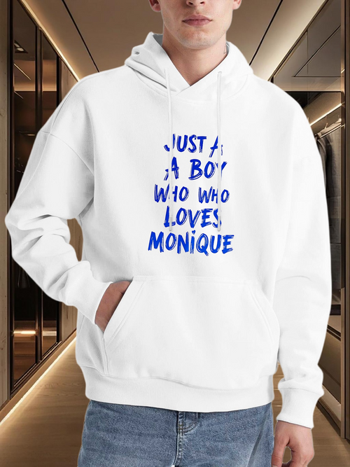 Men's Graphic Hoodie Just A Boy Who Loves Monique Playful Handwritten Blue Letter Hoodie