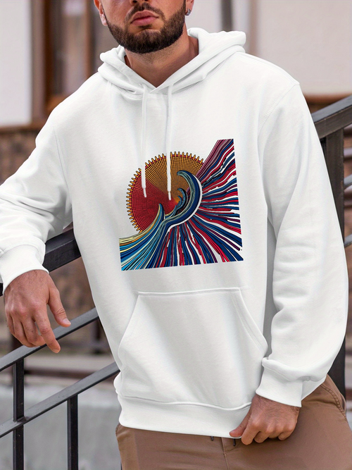 Men's Graphic Hoodie Colorful Ocean Wave Beneath Radiant Sun In Abstract Motif Wave