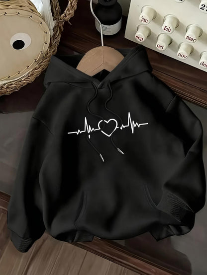 Women's Graphic Hoodie Minimalist Heartbeat Line Art Design With Simple Bold Accents Hoodie