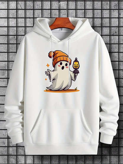 Men's Graphic Hoodie Playful Autumn Spirit Holding A Lantern Under Falling Leaves Ghost