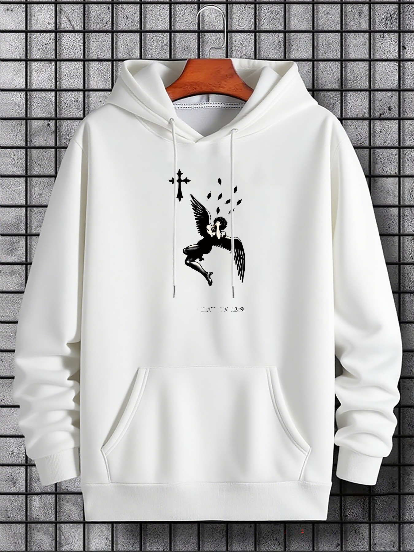 Men's Graphic Hoodie Abstract Angel Surrounded By Floating Hearts In Black Ink Hoodie