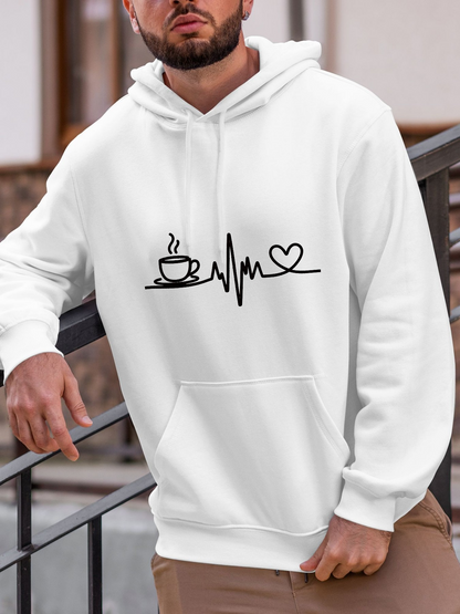 Men's Graphic Hoodie Heartbeat Line With Steaming Coffee Cup And Heart Symbol