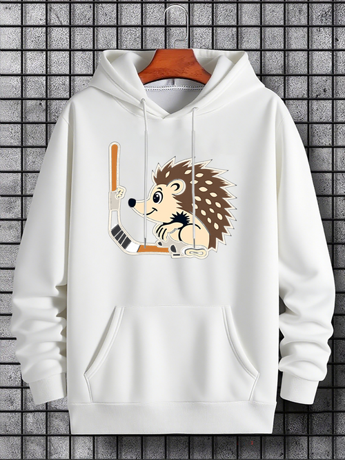 Men's Graphic Hoodie Playful Hedgehog With Hockey Stick On White Hoodie