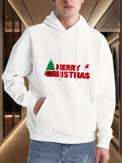 Men's Graphic Hoodie Merry Christmas Festive Holiday Text With Green Tree Motif Hoodie