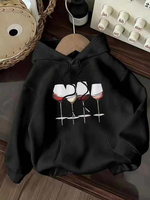 Women's Graphic Hoodie Elegant Red Wine Glasses Reflecting In Gentle Shadow Wineglass