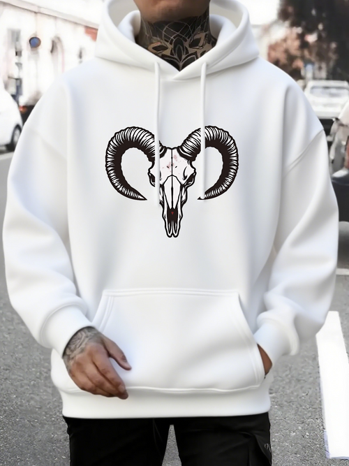 Men's Graphic Hoodie Urban Minimalist Art With Bold Black Horns On Ram Skull