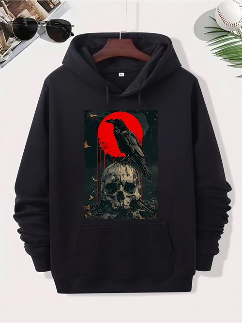 Men's Graphic Hoodie Bloody Red Moon With Raven Perching On Human Skull