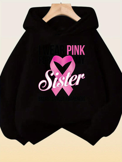 Women's Graphic Hoodie Wear Pink Ribbon With Heart Showing Strong Sister