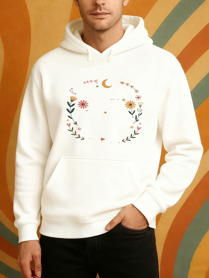 Men's Graphic Hoodie Crescent Moon Surrounded By Abstract Blossoms And Minimalist Foliage Face